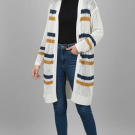 Ivory Striped Open-Knit Sweater Dress